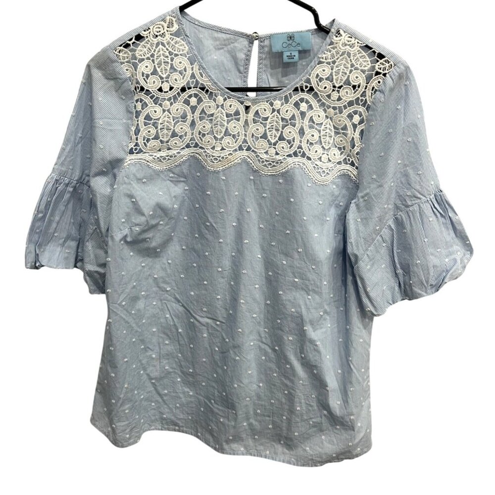 CeCe Blue Swiss Dot Blouse Lace Yoke Puff Sleeves Sz S Coastal Cowgirl Feminine